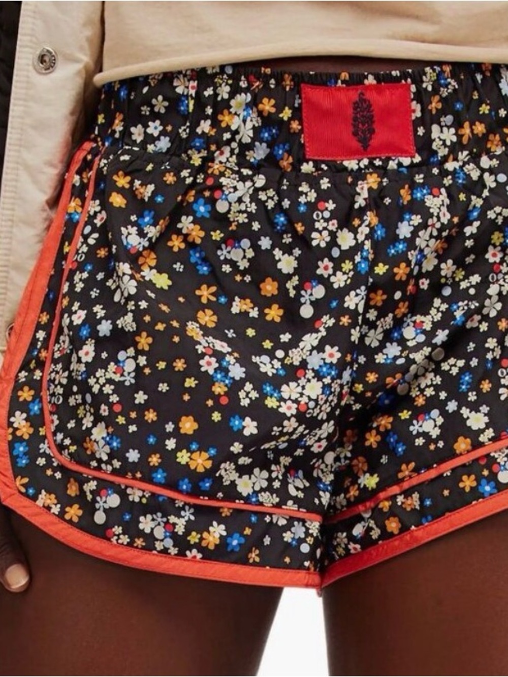 Free people Floral Print Black Running Shorts with Orange Trim